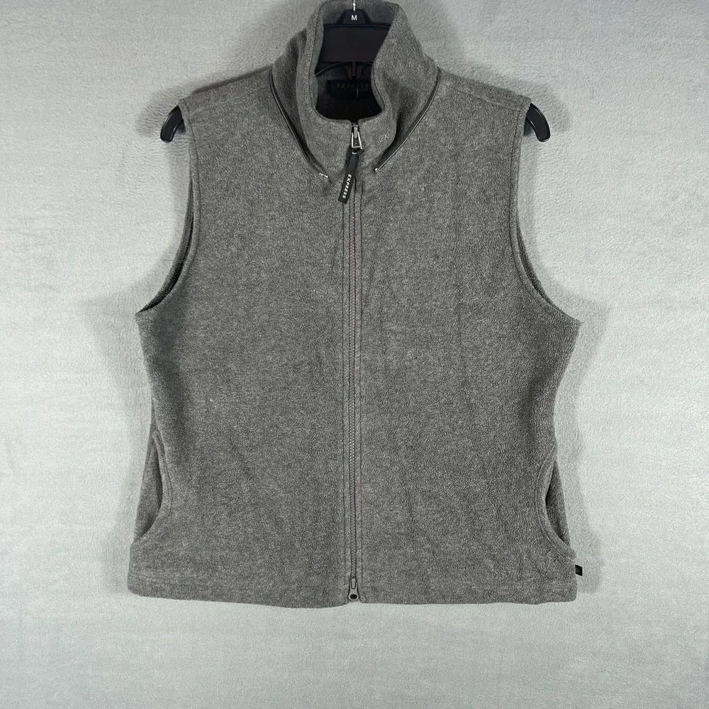 VTG Express Women's Gray Fleece Full Zip Vest Size L Collared Pockets Layering